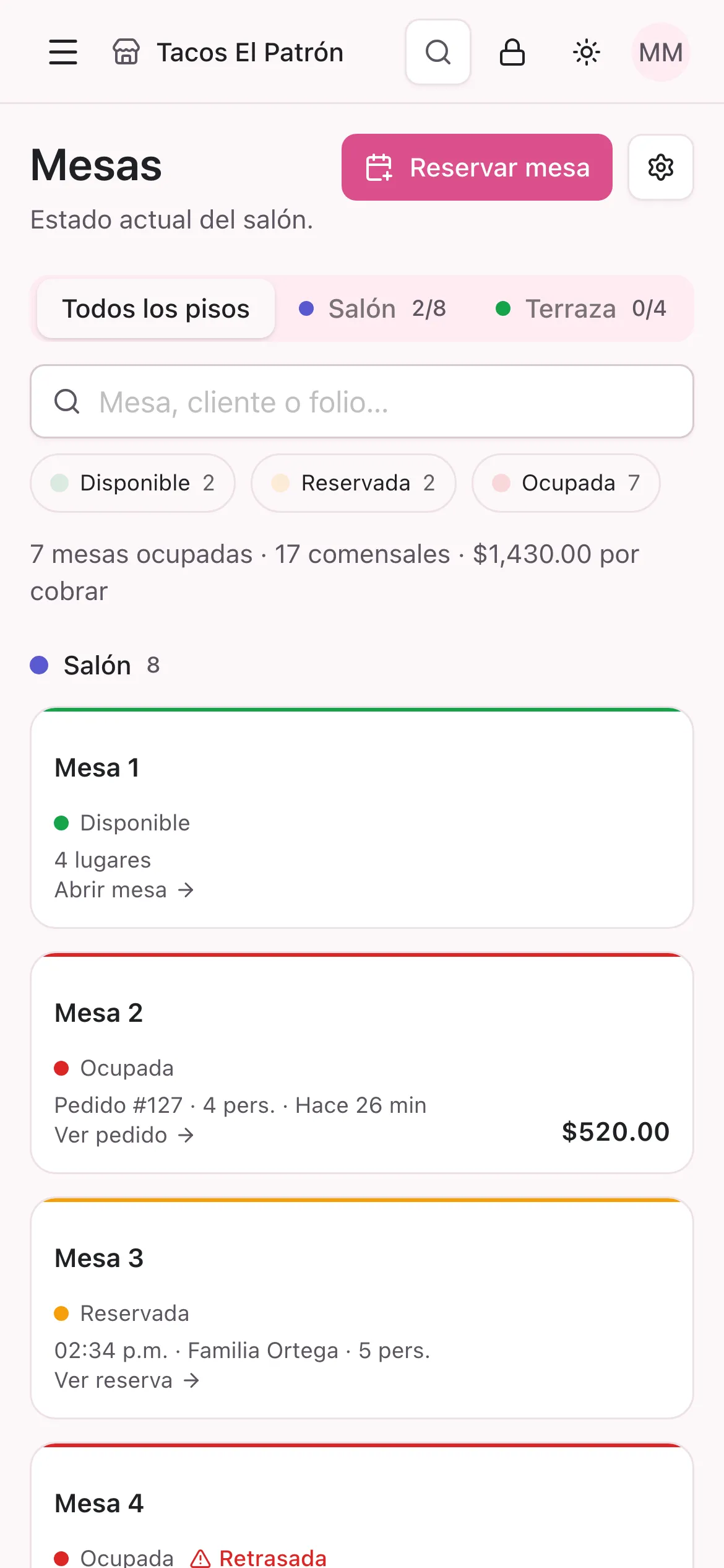 Pantalla de Mesas de RondaSoft en en el teléfono del mesero
